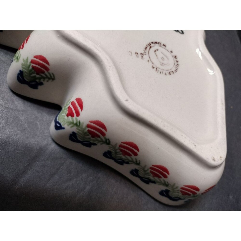 Polish Pottery Manufaktura Boleslawcu Christmas Tree Dish 9.5" Blue Snowflakes - Picture 3 of 9